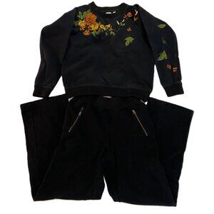 Aritzia Black Embroidered Floral Sweatshirt and Sweatpant Bundle Set Size XXS